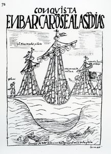 De reis naar de Nieuwe Wereld ondernomen door Christopher Columbus, Juan Diaz de Solis, Diego de Almagro, Francisco Pizarro, Vasco Nunez de Balboa en Martin Fernandez de Enciso door Felipe Huaman Poma de Ayala